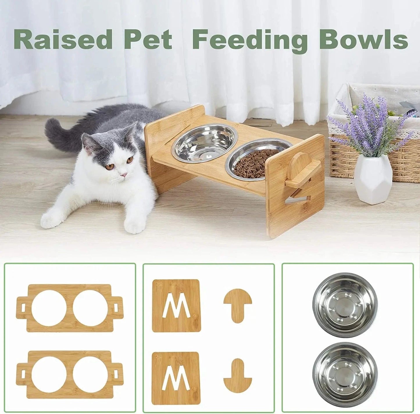 FluffyPaw Adjustable Wooden Raised Cat Bowls with Bamboo Stand & Steel Dish