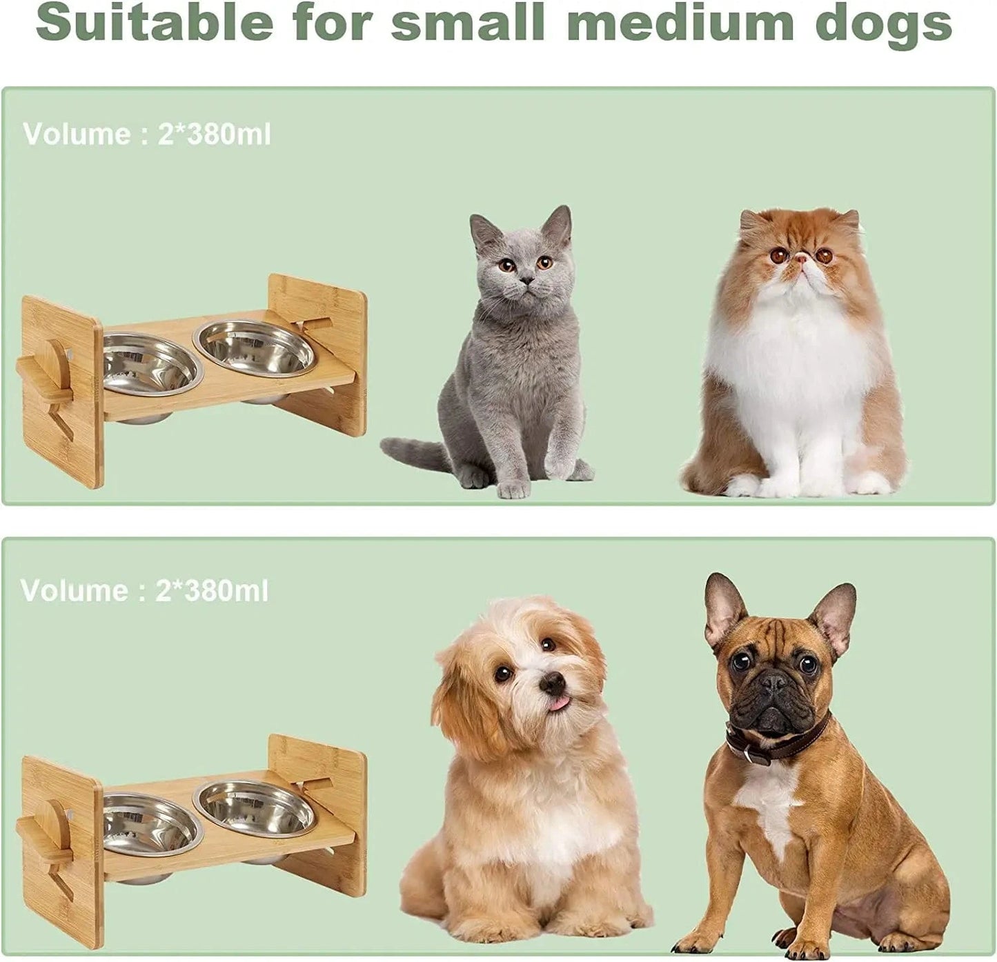 FluffyPaw Adjustable Wooden Raised Cat Bowls with Bamboo Stand & Steel Dish