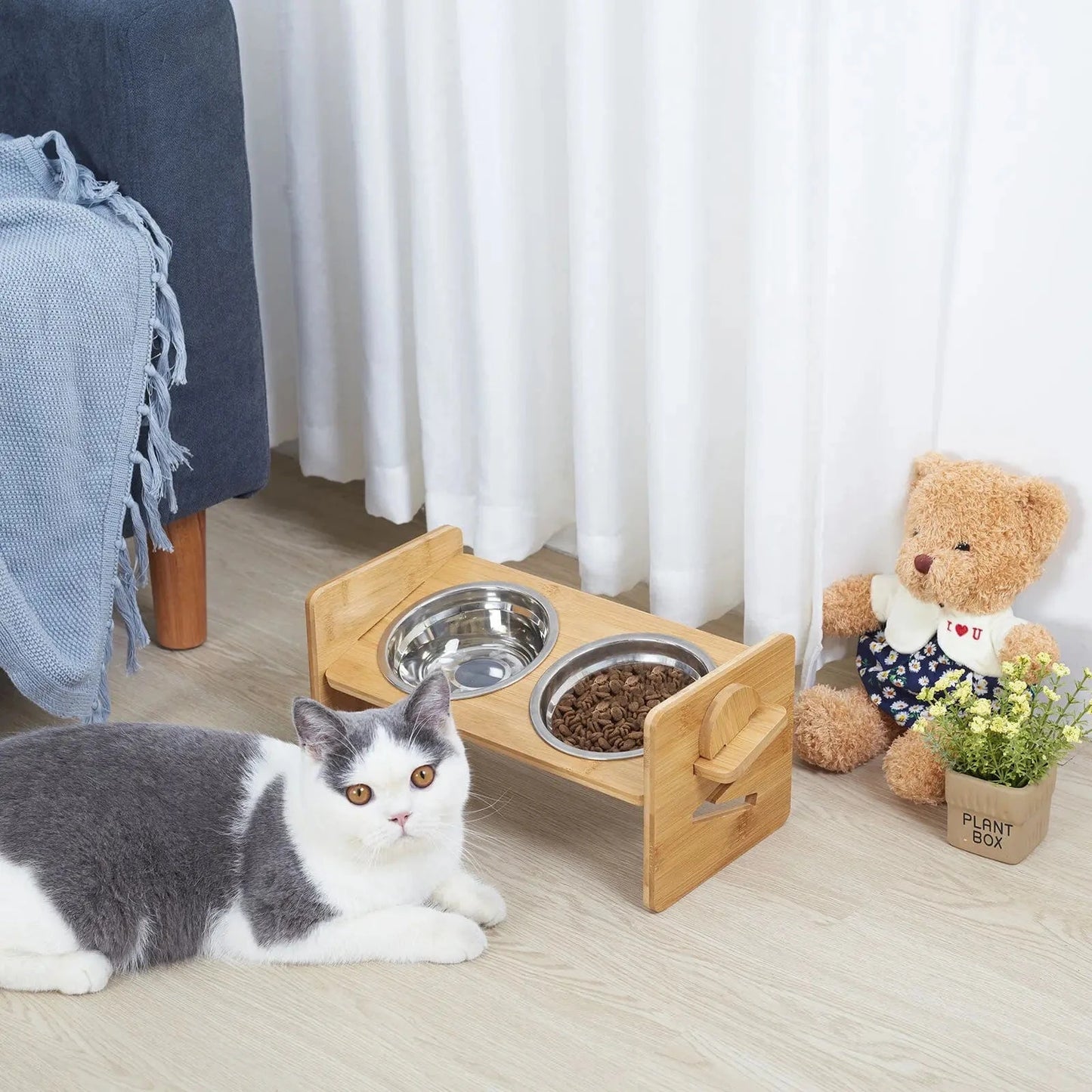 FluffyPaw Adjustable Wooden Raised Cat Bowls with Bamboo Stand & Steel Dish