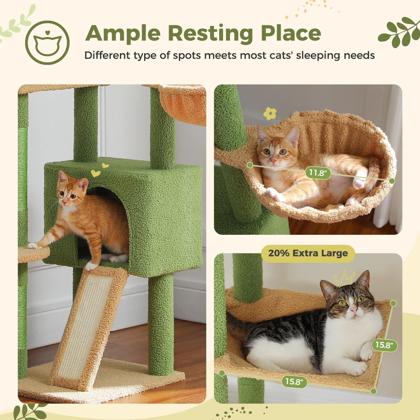 FluffyPaw Cactus Cat Tree Floor to Ceiling Cat Tower Adjustable Height with Cat Condo Cozy Hammock and Scratching Post Tall Activity Tree