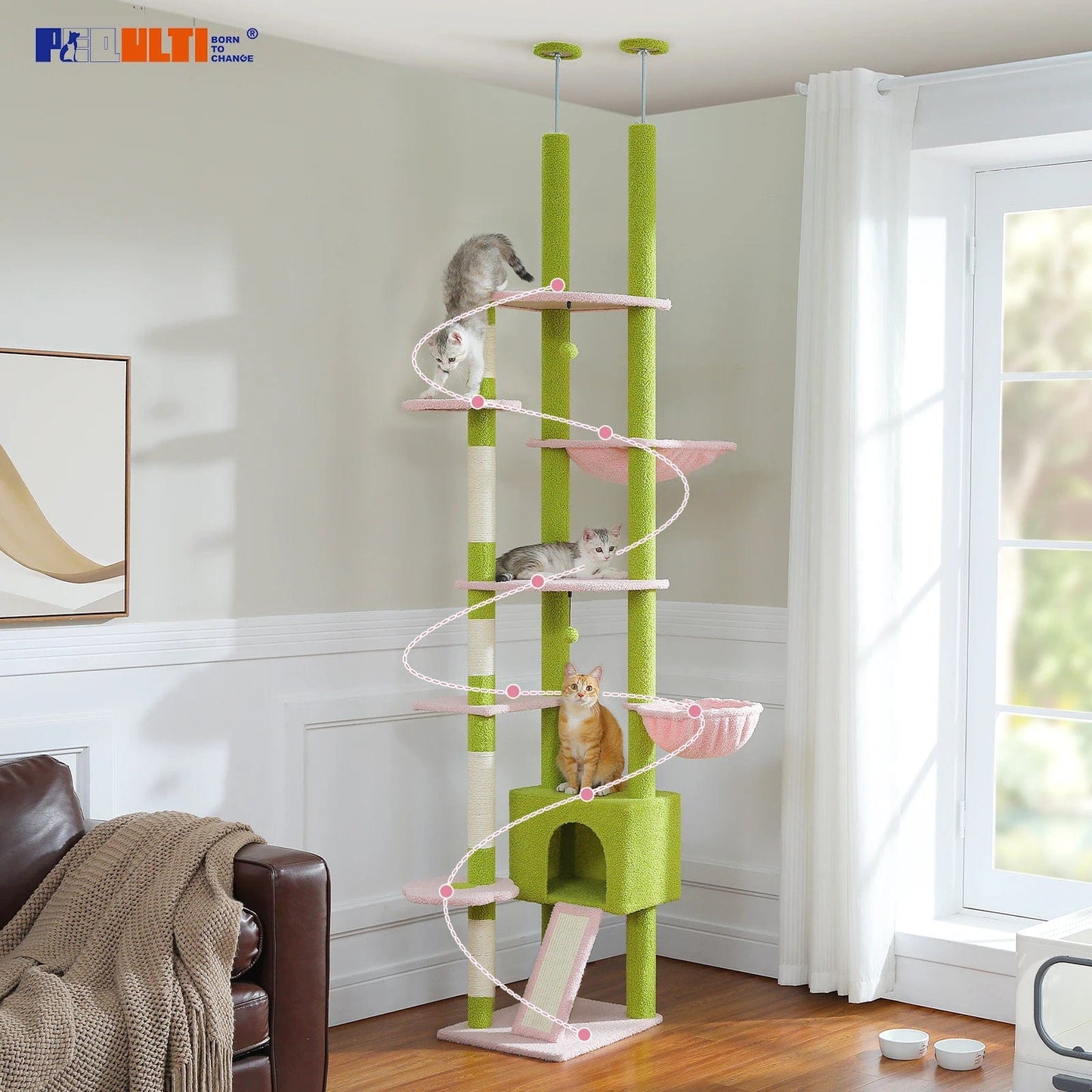 FluffyPaw Cactus Cat Tree Floor to Ceiling Cat Tower Adjustable Height with Cat Condo Cozy Hammock and Scratching Post Tall Activity Tree