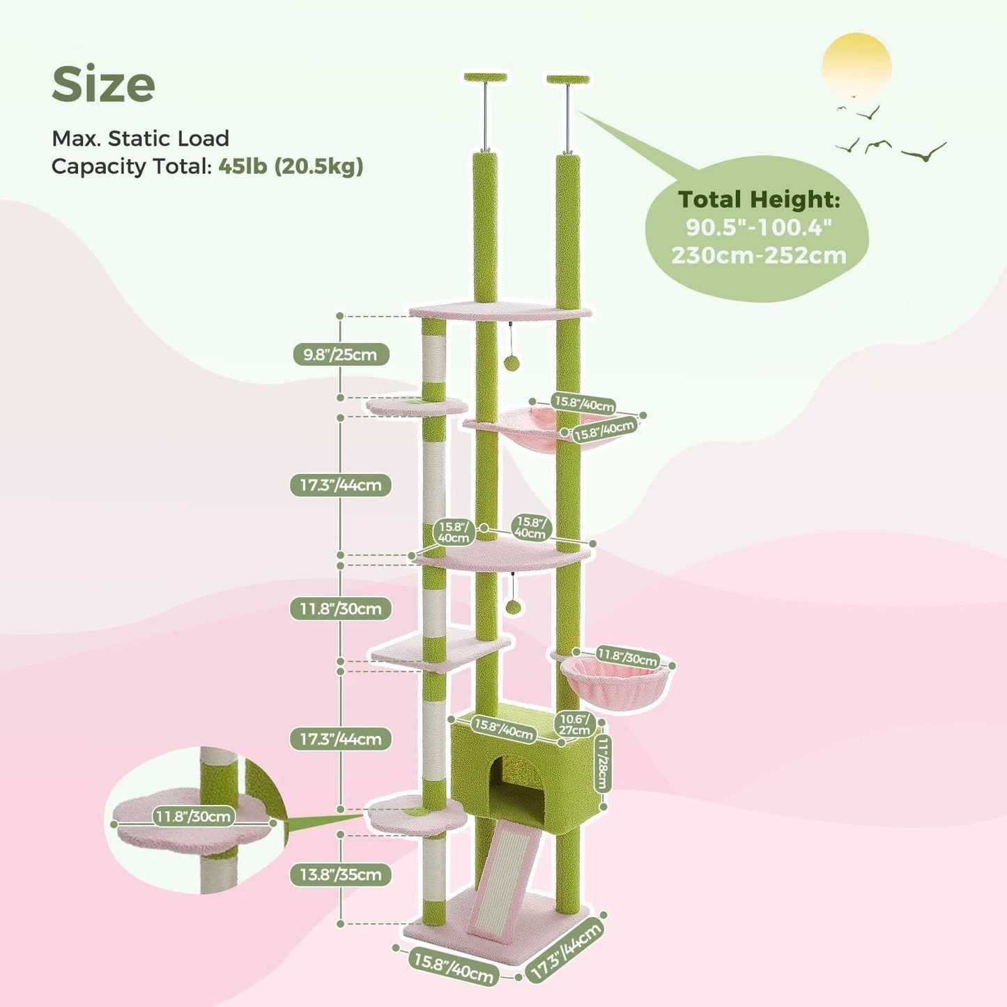 FluffyPaw Cactus Cat Tree Floor to Ceiling Cat Tower Adjustable Height with Cat Condo Cozy Hammock and Scratching Post Tall Activity Tree