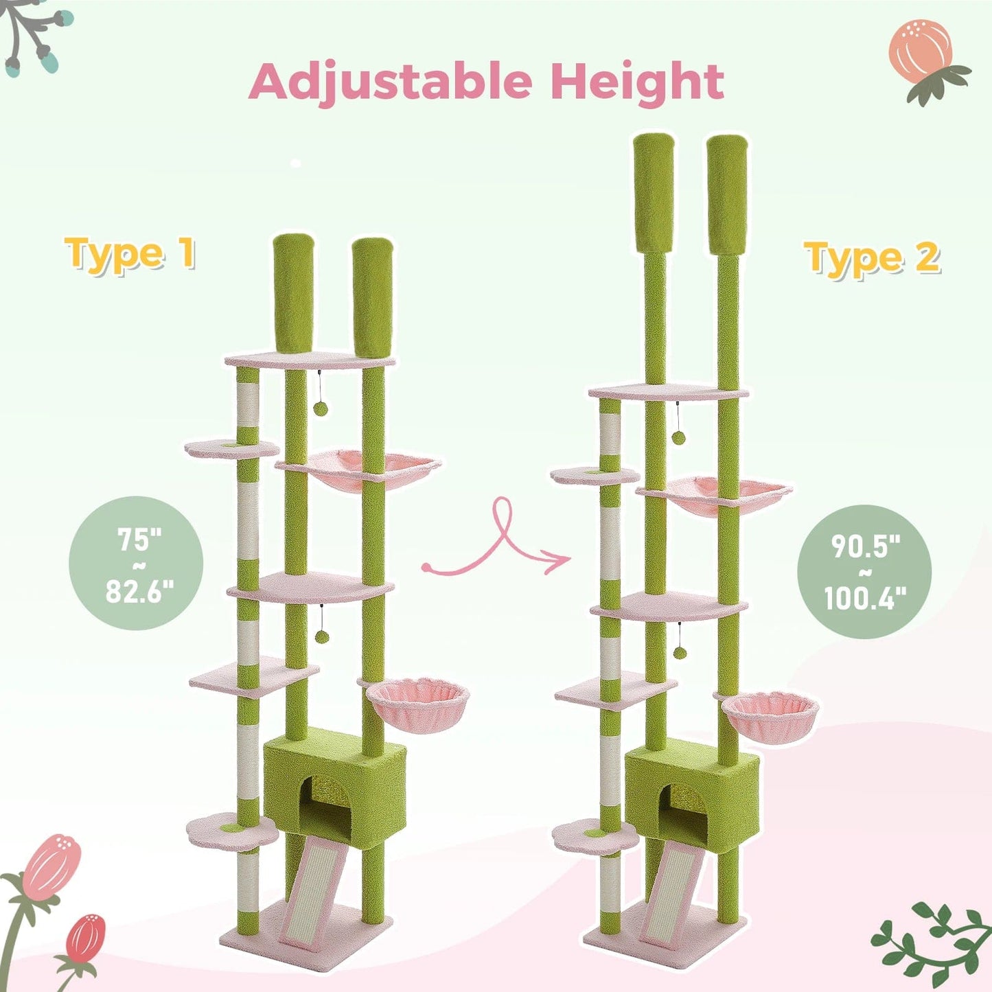 FluffyPaw Cactus Cat Tree Floor to Ceiling Cat Tower Adjustable Height with Cat Condo Cozy Hammock and Scratching Post Tall Activity Tree