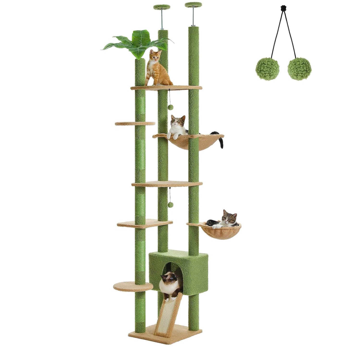 FluffyPaw Cactus Cat Tree Floor to Ceiling Cat Tower Adjustable Height with Cat Condo Cozy Hammock and Scratching Post Tall Activity Tree Amt0249Gn (175_100014065) / Floor To Ceiling (175_100014065)