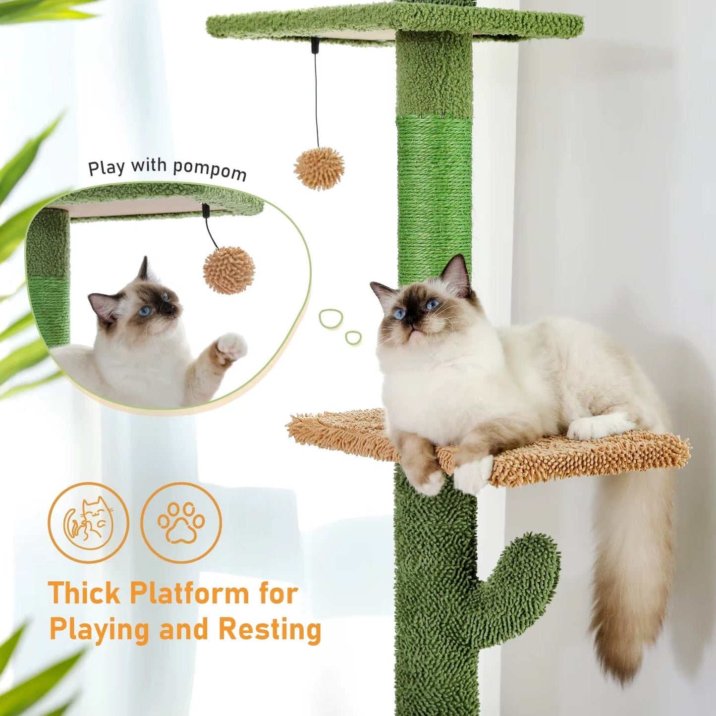FluffyPaw Cat Tree 5-Tier Floor to Ceiling Cat Tower Cactus Tall Climbing Tree with Scratching Post Hammock Dangling Ball for Indoor Cats Amt0187Gn (175_361385) / L (175_361385)