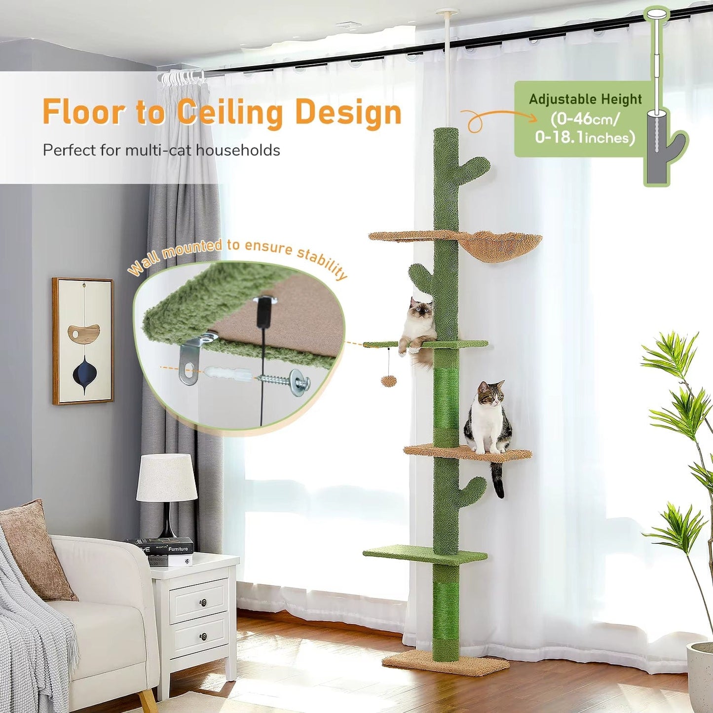FluffyPaw Cat Tree 5-Tier Floor to Ceiling Cat Tower Cactus Tall Climbing Tree with Scratching Post Hammock Dangling Ball for Indoor Cats Amt0187Gn (175_361385) / L (175_361385)