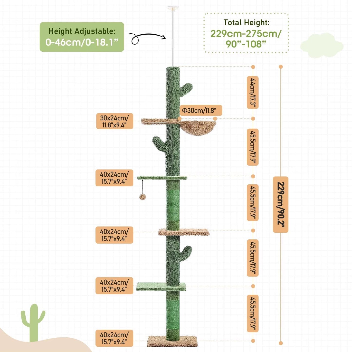FluffyPaw Cat Tree 5-Tier Floor to Ceiling Cat Tower Cactus Tall Climbing Tree with Scratching Post Hammock Dangling Ball for Indoor Cats Amt0187Gn (175_361385) / L (175_361385)