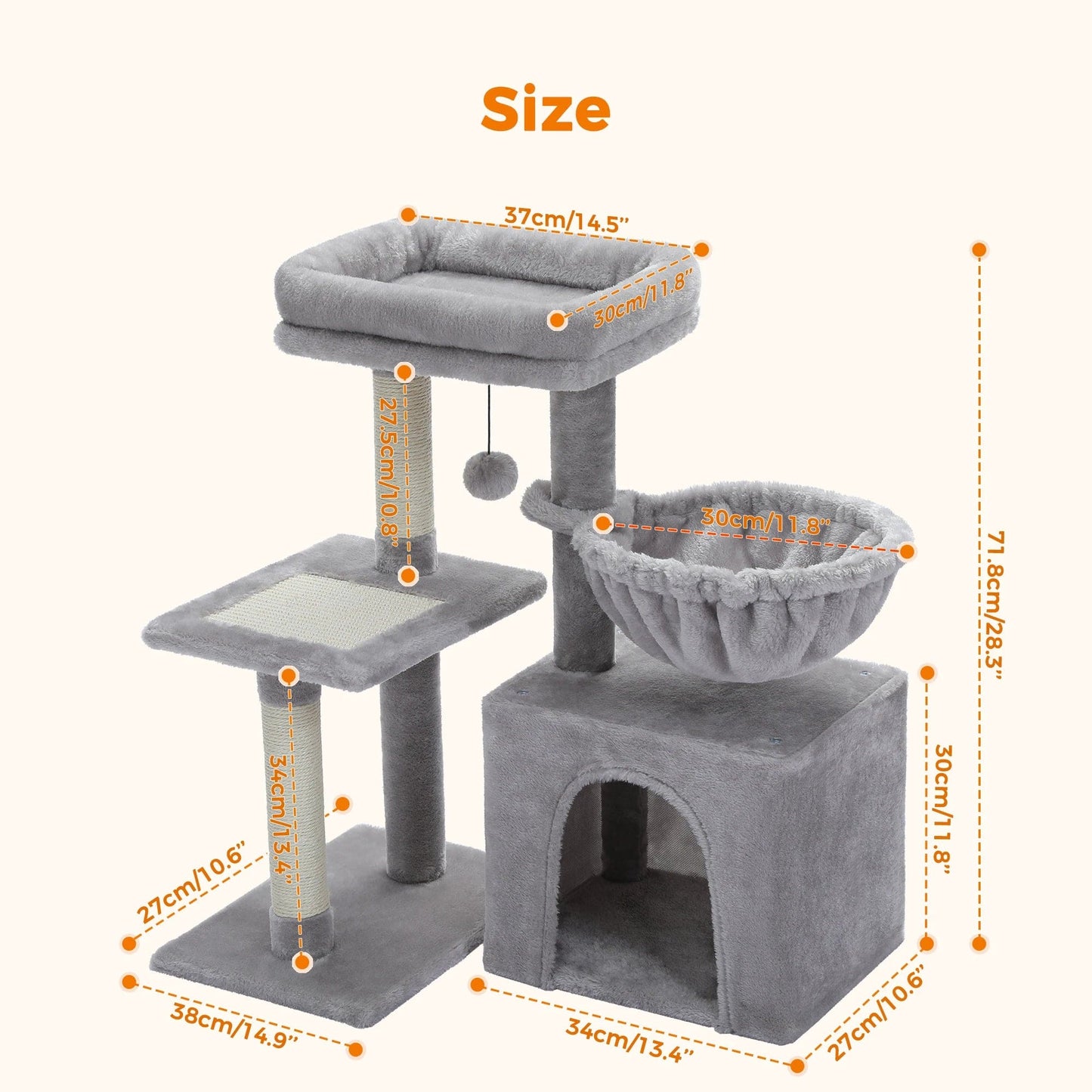 FluffyPaw Cat Tree Cat Tower for Indoor Cats 2 Styles Cat Activity Tree with Cat Scratching Posts Big Hammock and Removable Top Perch Grey