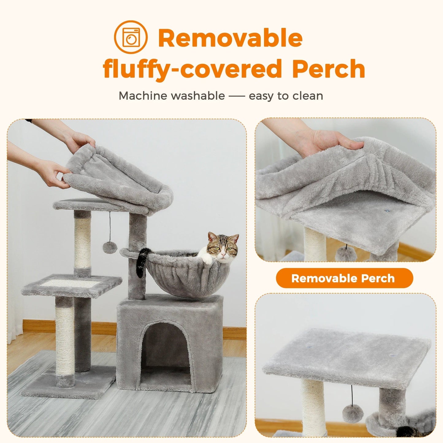 FluffyPaw Cat Tree Cat Tower for Indoor Cats 2 Styles Cat Activity Tree with Cat Scratching Posts Big Hammock and Removable Top Perch Grey