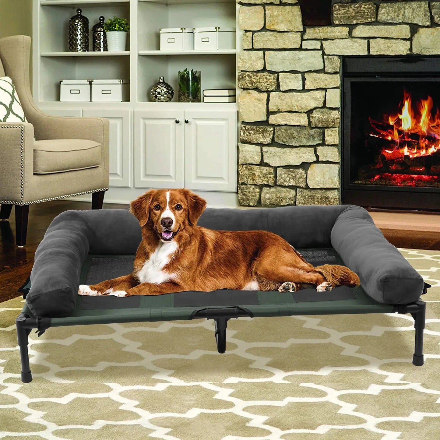 FluffyPaw Extra Large Elevated Dog Bed with Bolster – Cooling & Waterproof
