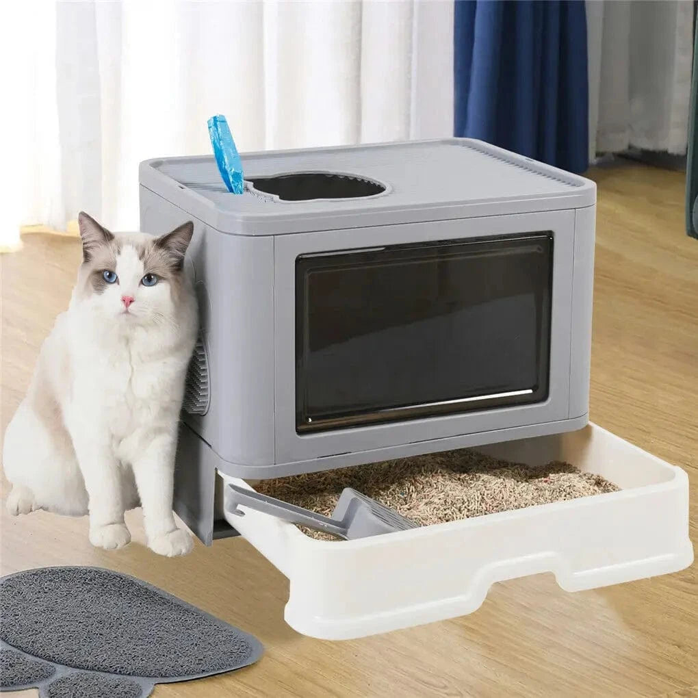 FluffyPaw Foldable Enclosed Cat Litter Box – Front Entry & Top Exit with Scoop