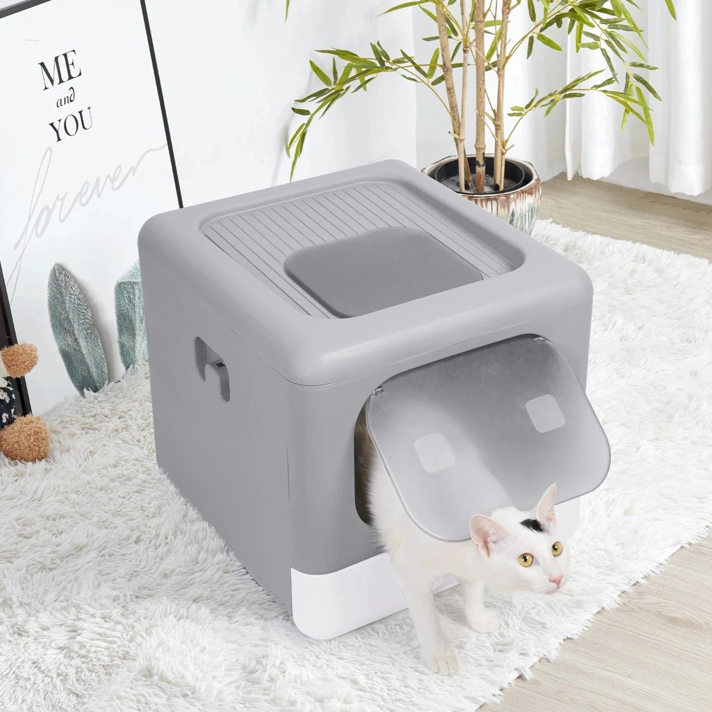 FluffyPaw Foldable Enclosed Cat Litter Box with Scoop – Top & Front Entry