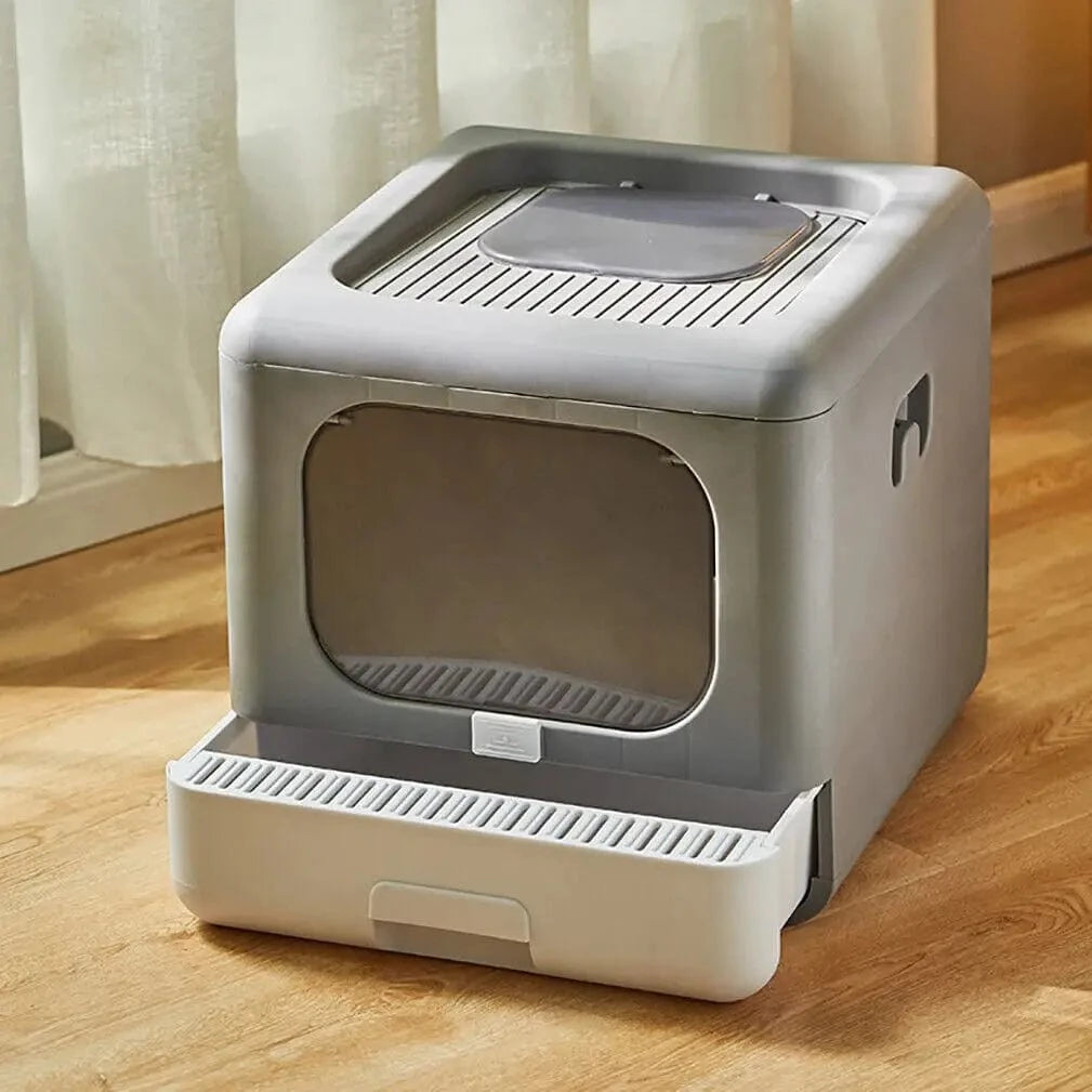 FluffyPaw Foldable Enclosed Cat Litter Box with Scoop – Top & Front Entry