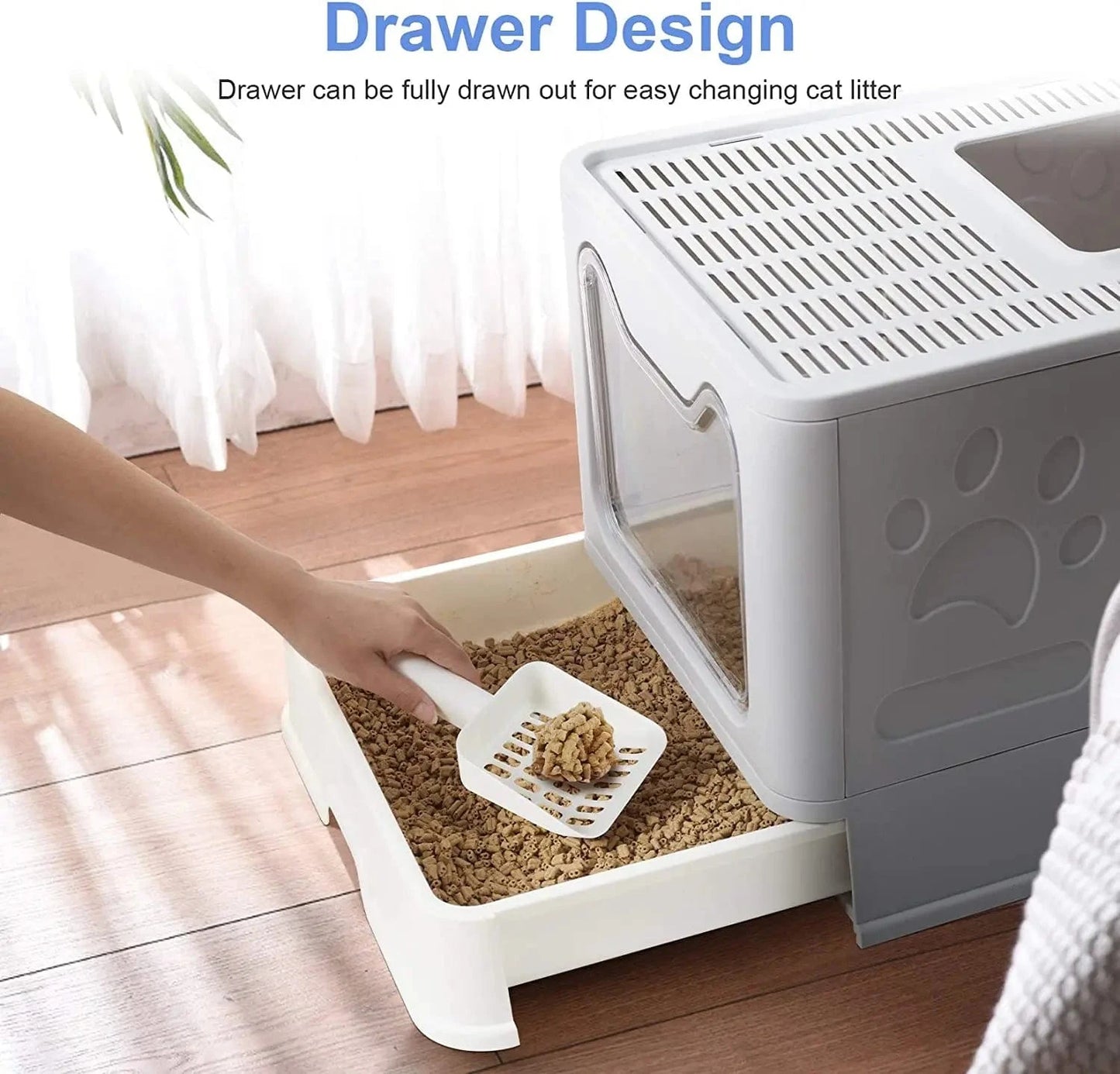 FluffyPaw Front Entry & Top Exit Cat Litter Box – XL Foldable with Scoop & Drawer Gray
