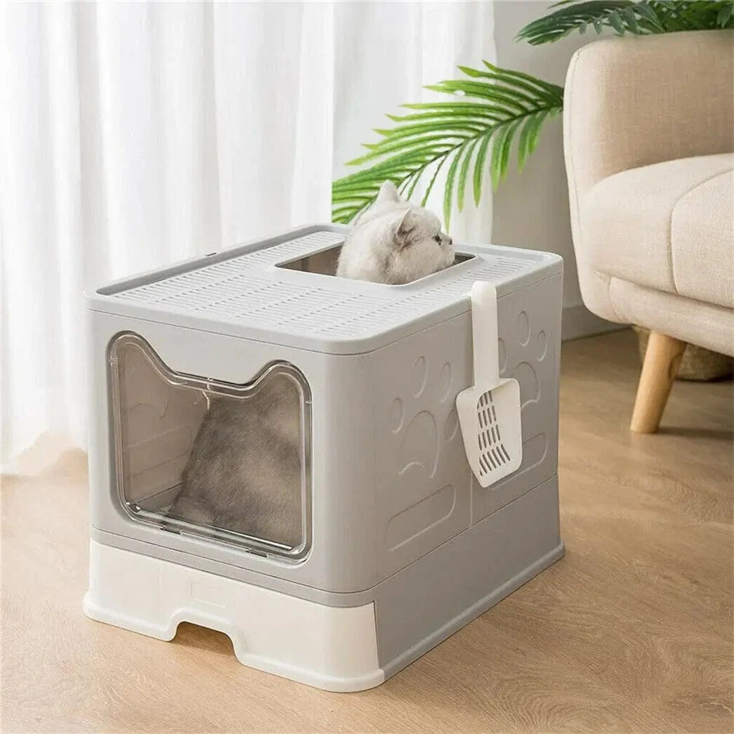 FluffyPaw Front Entry & Top Exit Cat Litter Box – XL Foldable with Scoop & Drawer Gray