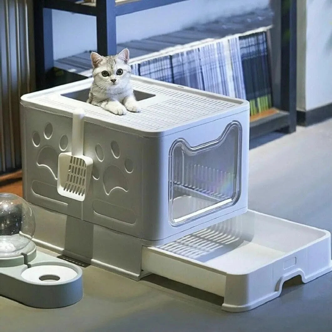 FluffyPaw Front Entry & Top Exit Cat Litter Box – XL Foldable with Scoop & Drawer Gray