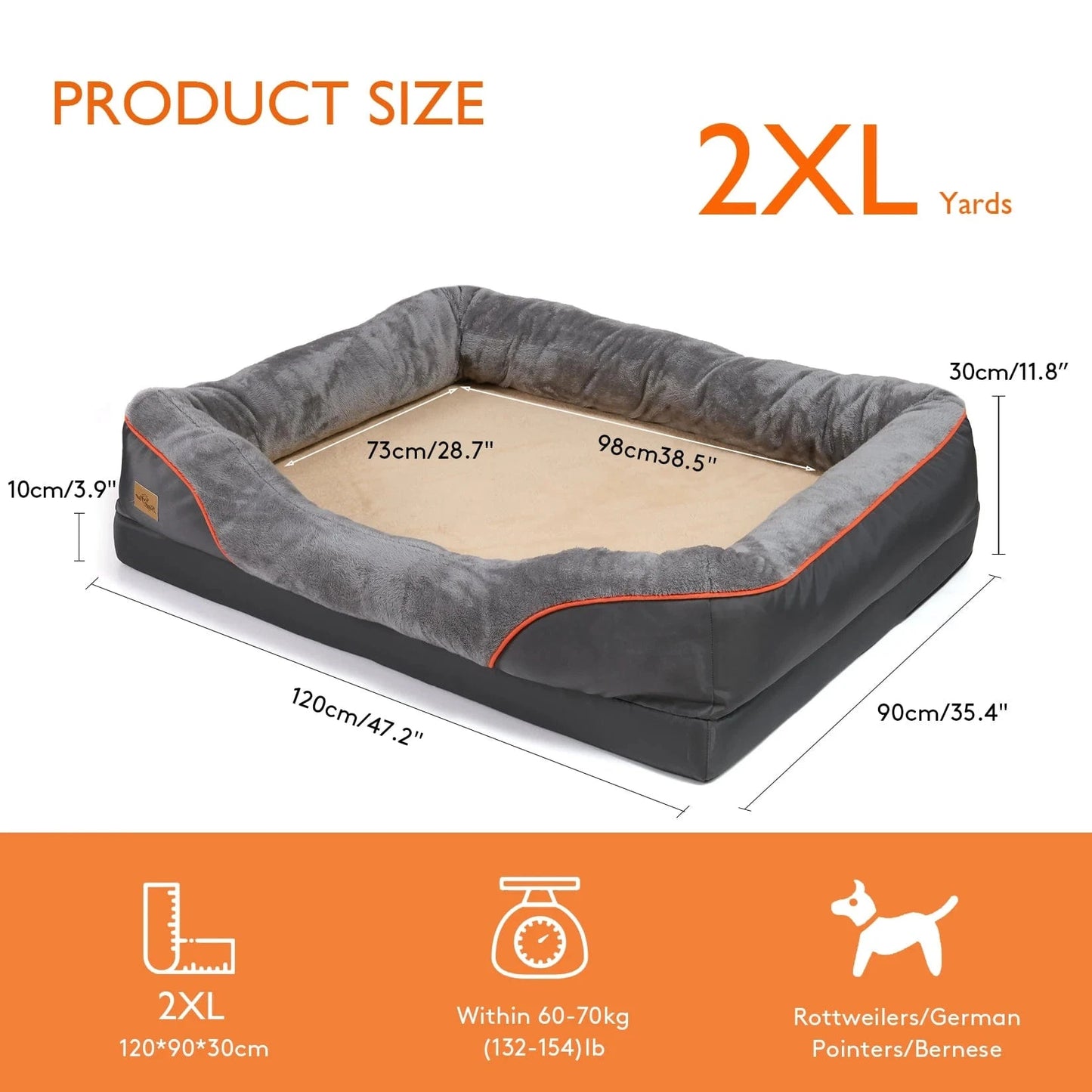 FluffyPaw Jumbo Orthopedic Memory Foam Dog Bed – Bolstered & Waterproof Grey 2XL Size