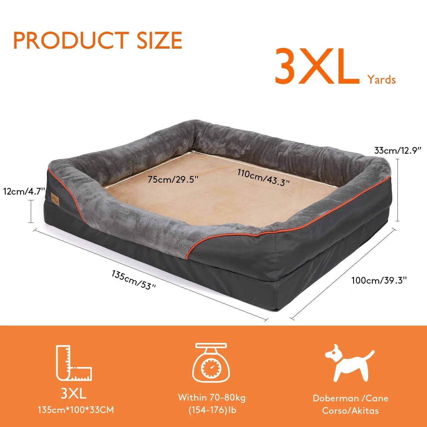 FluffyPaw Jumbo Orthopedic Memory Foam Dog Bed – Bolstered & Waterproof Grey 3XL Size