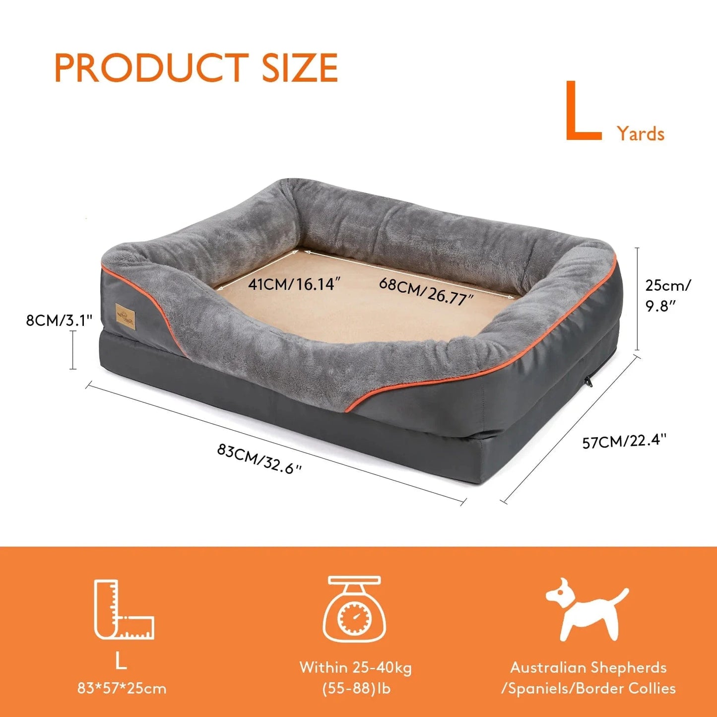 FluffyPaw Jumbo Orthopedic Memory Foam Dog Bed – Bolstered & Waterproof Grey L Size