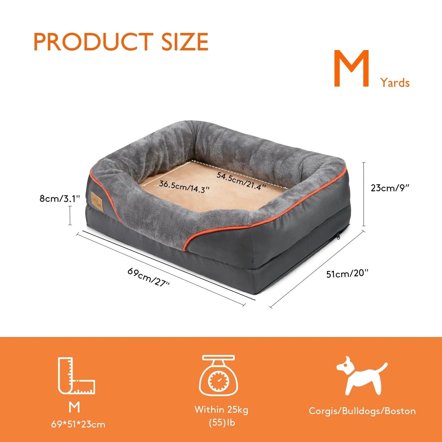 FluffyPaw Jumbo Orthopedic Memory Foam Dog Bed – Bolstered & Waterproof Grey M Size