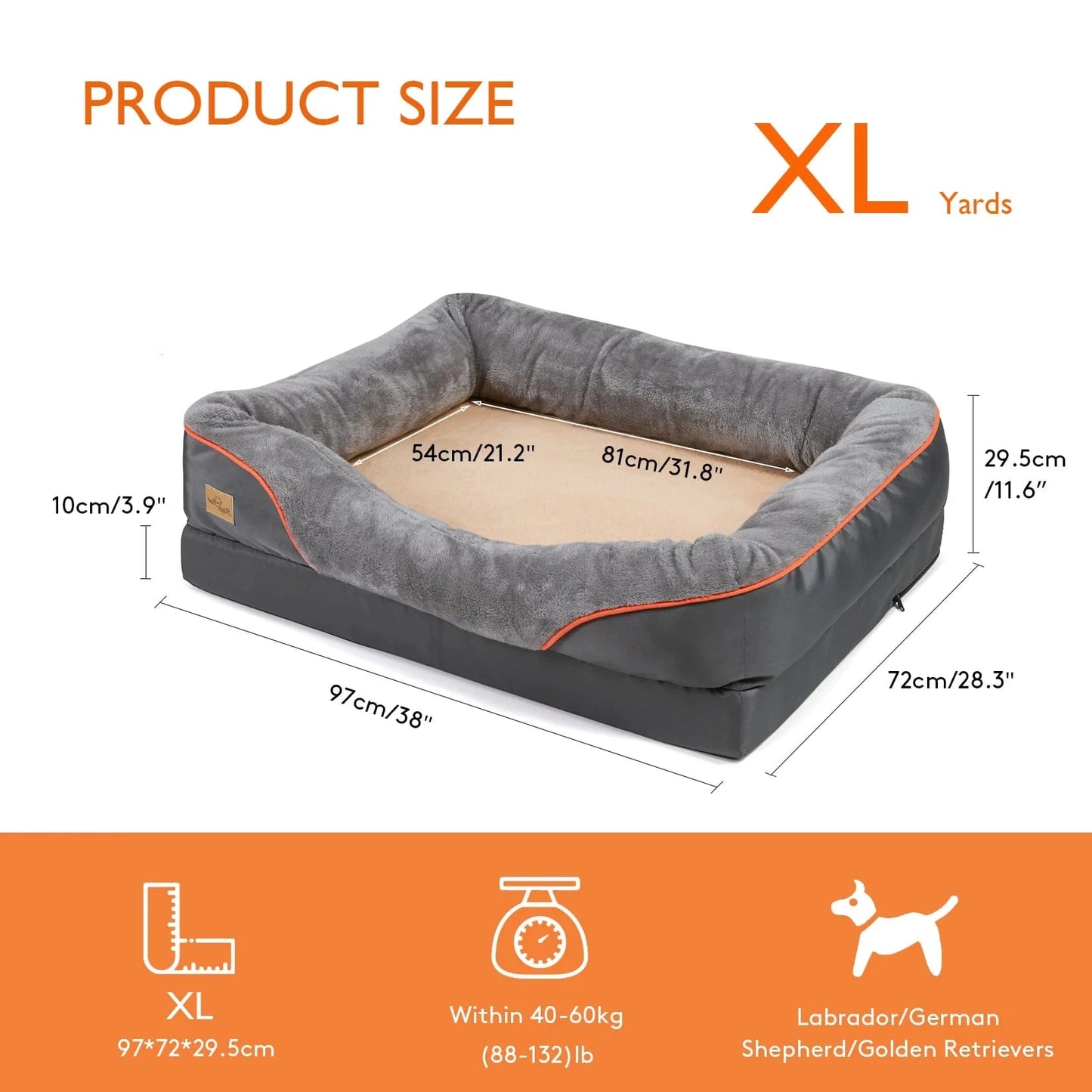 FluffyPaw Jumbo Orthopedic Memory Foam Dog Bed – Bolstered & Waterproof Grey XL Size