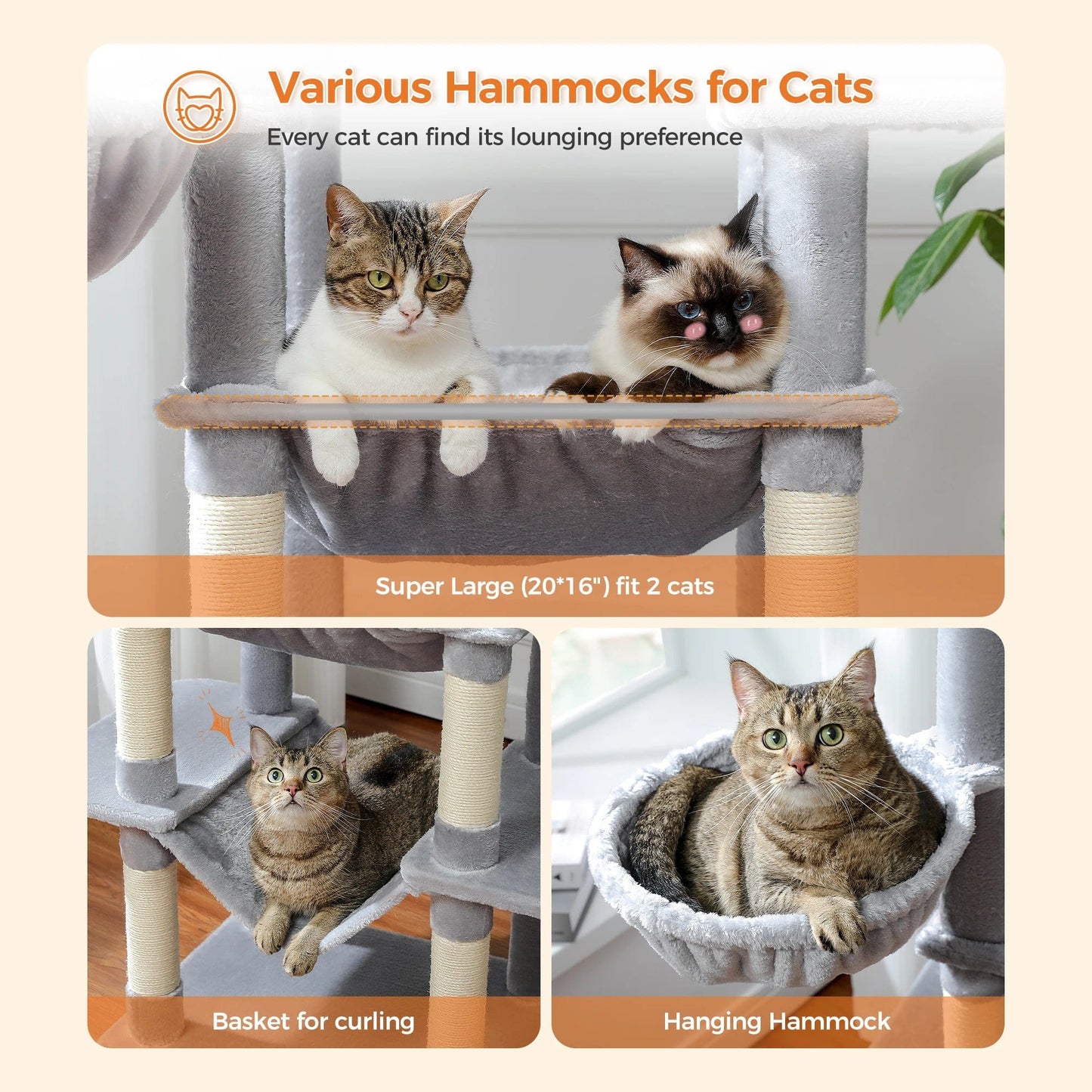 FluffyPaw Large Cat Tree for Indoor Large Cats Tall Cat Tower for Fat Cats with Super Big Hammock, Cat Climbing Trees with Scratching Post