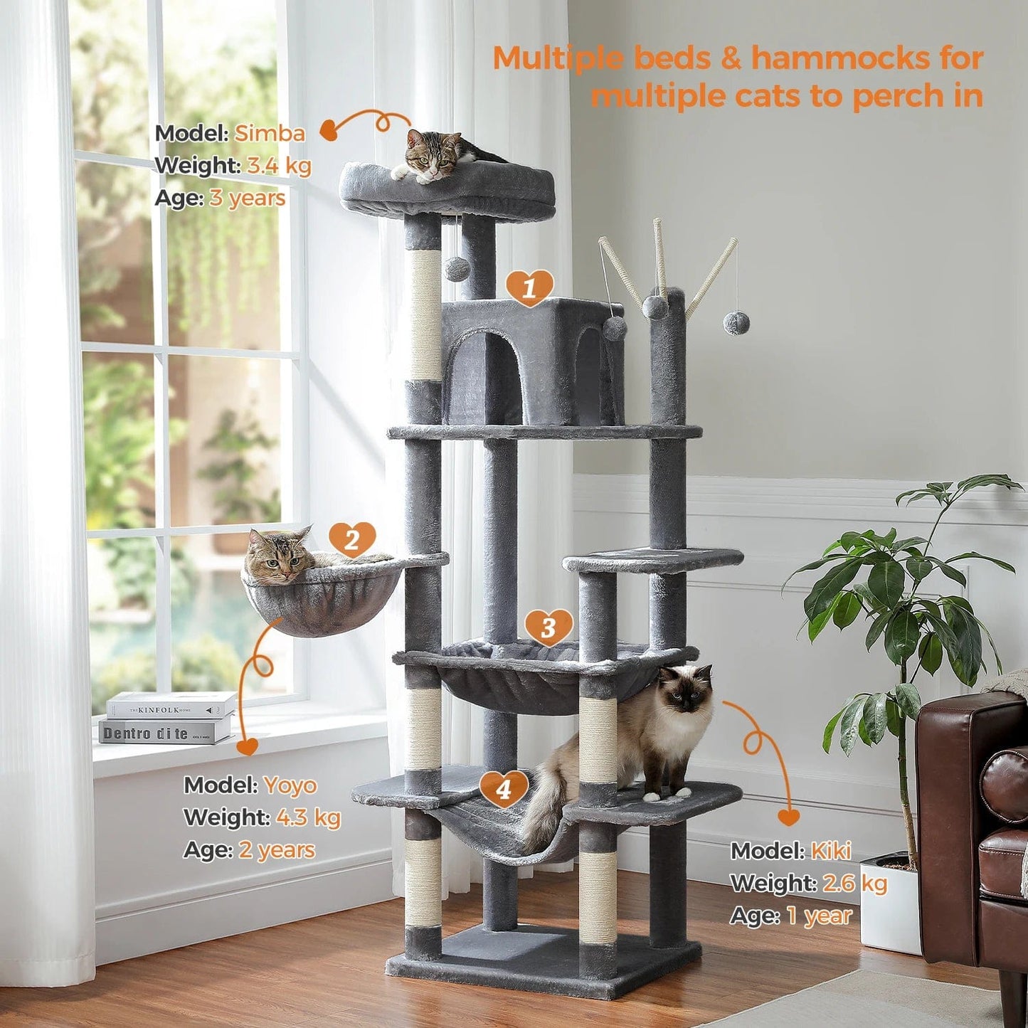 FluffyPaw Large Cat Tree for Indoor Large Cats Tall Cat Tower for Fat Cats with Super Big Hammock, Cat Climbing Trees with Scratching Post