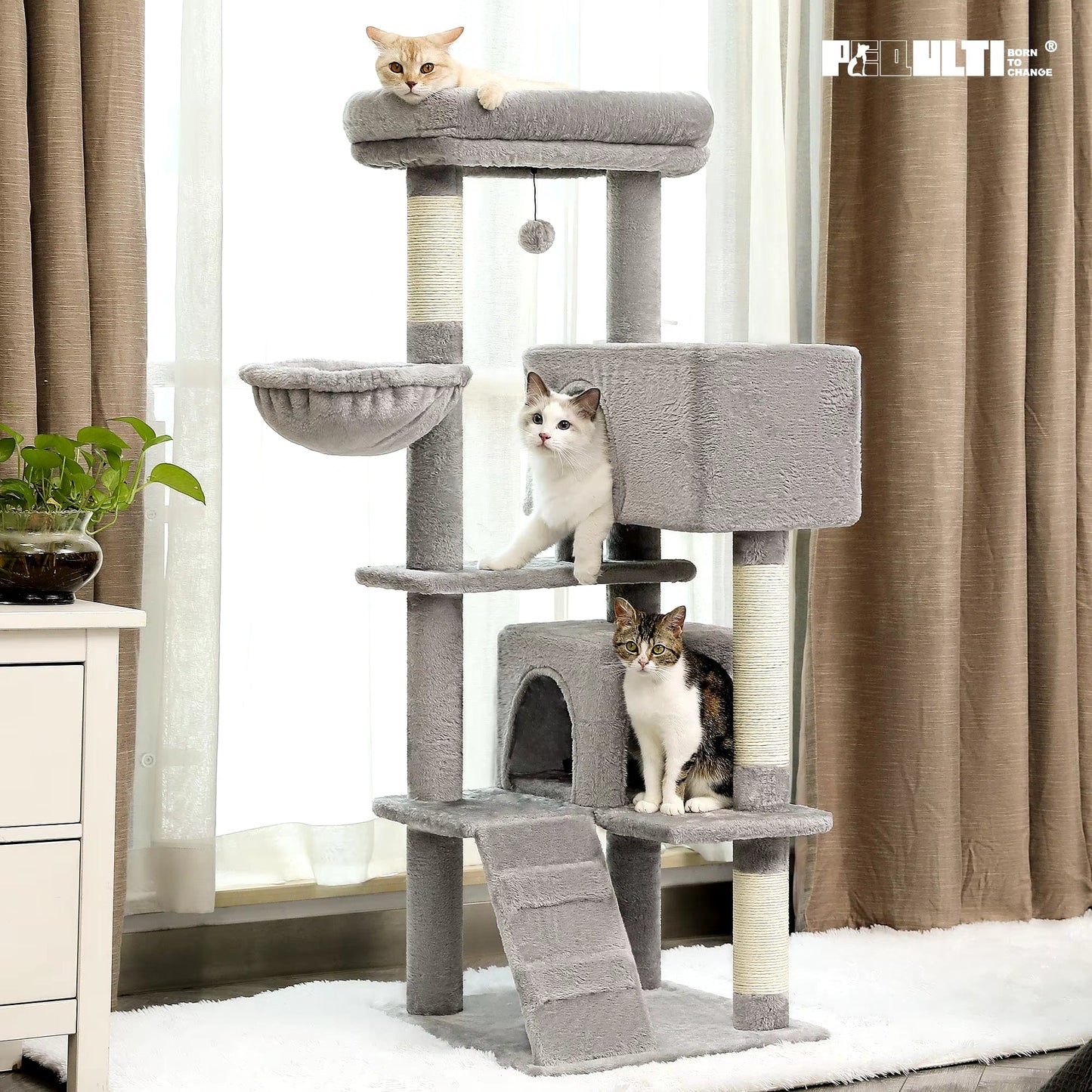FluffyPaw Multi-Level Luxury Cat Tree Tower with Cat Condo Cozy Perches Pet Play House Scratching Post Stable Cat Tower with Hanging Ball