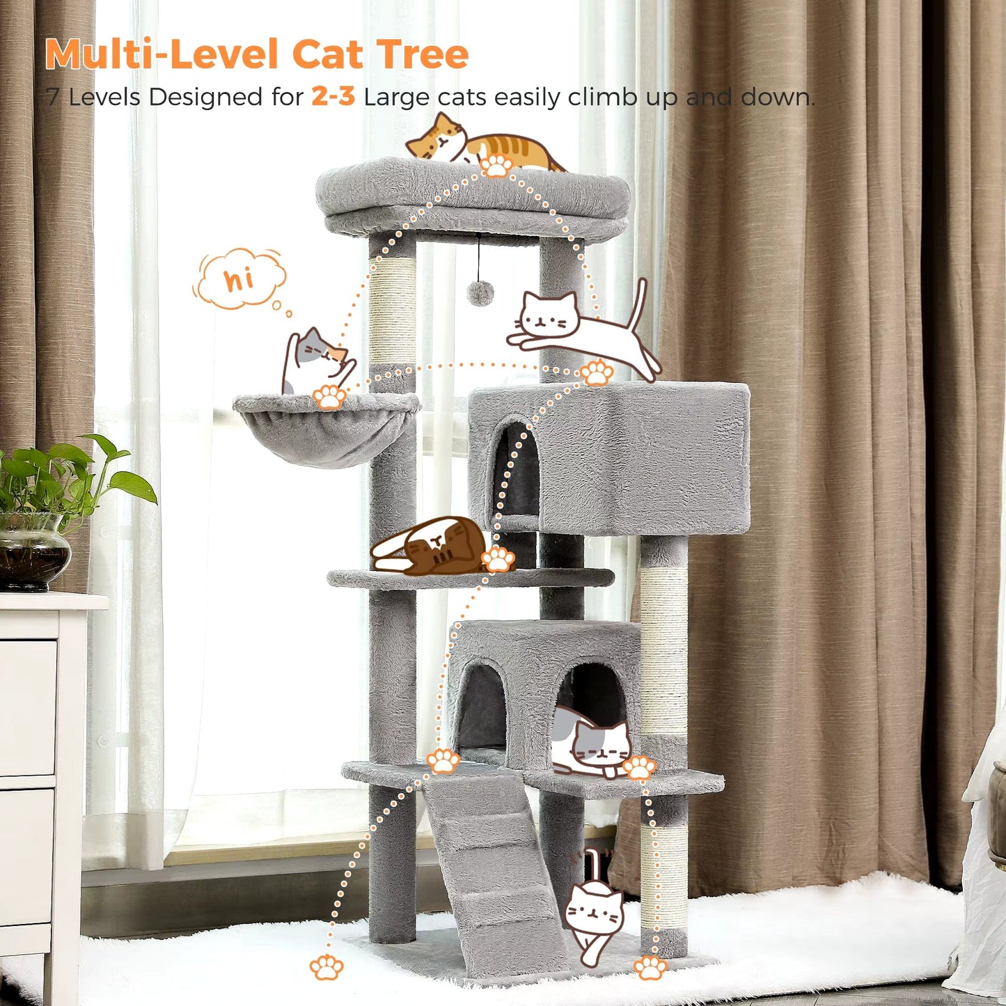 FluffyPaw Multi-Level Luxury Cat Tree Tower with Cat Condo Cozy Perches Pet Play House Scratching Post Stable Cat Tower with Hanging Ball