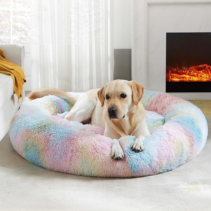 FluffyPaw Rainbow Donut Dog Bed – Soft, Calming, Cozy Pet Bed | FluffyPaw