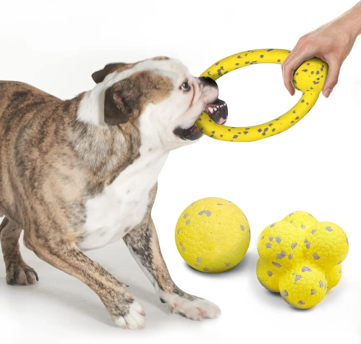 FluffyPaw 3 Pack Dog Toy Bounce Ball Tug War Ring Set