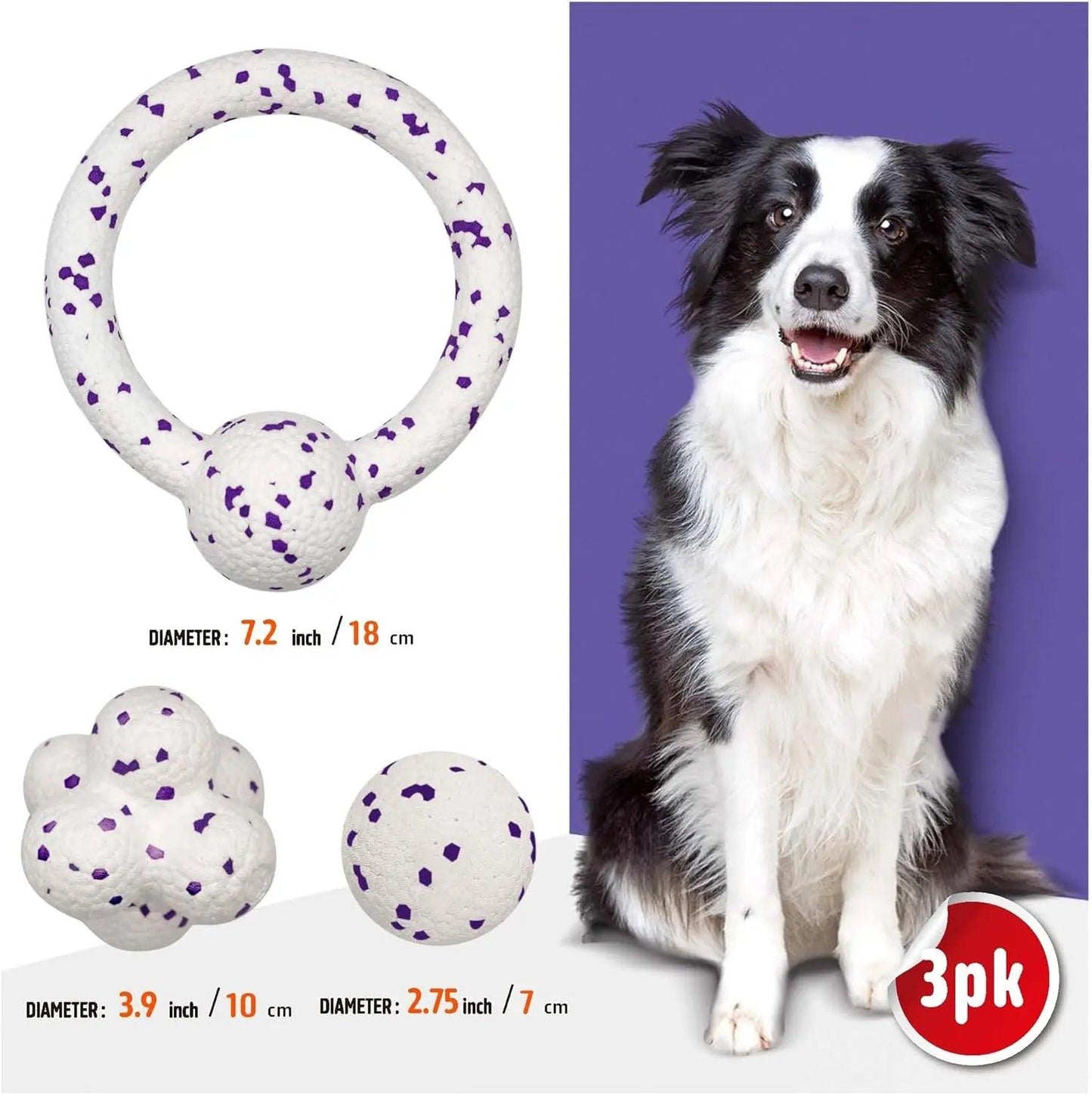 FluffyPaw 3 Pack Dog Toy Bounce Ball Tug War Ring Set White