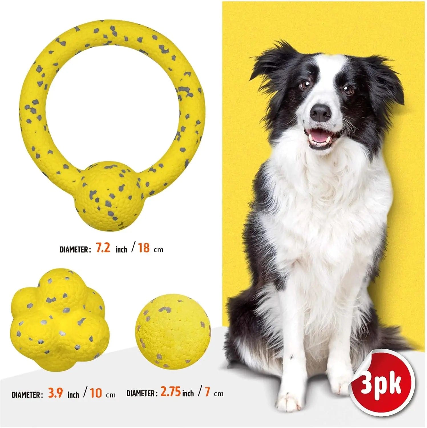 FluffyPaw 3 Pack Dog Toy Bounce Ball Tug War Ring Set Yellow
