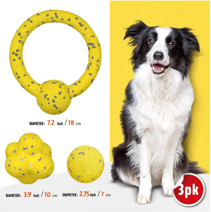 FluffyPaw 3 Pack Dog Toy Bounce Ball Tug War Ring Set Yellow