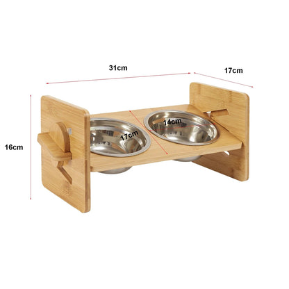 FluffyPaw Adjustable Wooden Raised Cat Bowls with Bamboo Stand & Steel Dish