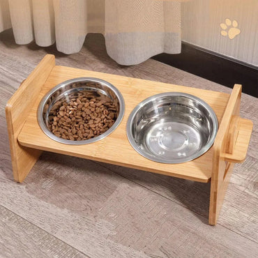 FluffyPaw Adjustable Wooden Raised Cat Bowls with Bamboo Stand & Steel Dish