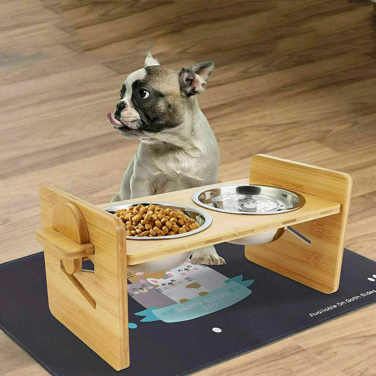 FluffyPaw Adjustable Wooden Raised Cat Bowls with Bamboo Stand & Steel Dish