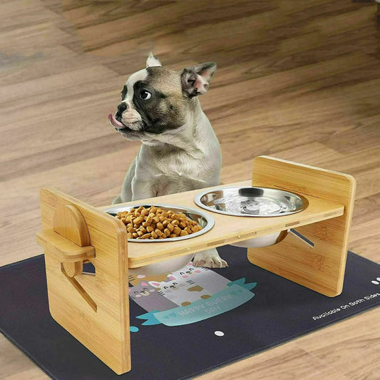 FluffyPaw Adjustable Wooden Raised Cat Bowls with Bamboo Stand & Steel Dish