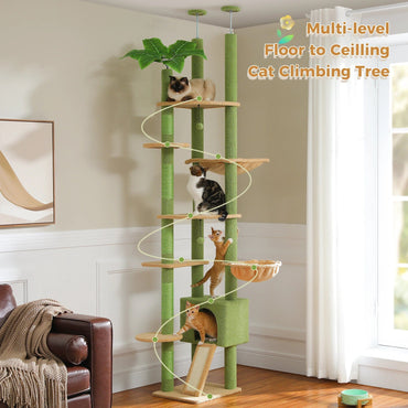 FluffyPaw Cactus Cat Tree Floor to Ceiling Cat Tower Adjustable Height with Cat Condo Cozy Hammock and Scratching Post Tall Activity Tree