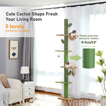 FluffyPaw Cat Tree 5-Tier Floor to Ceiling Cat Tower Cactus Tall Climbing Tree with Scratching Post Hammock Dangling Ball for Indoor Cats Amt0187Gn (175_361385) / L (175_361385)