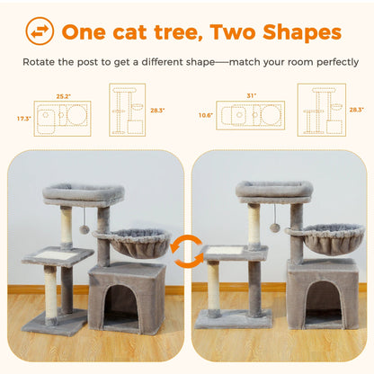 FluffyPaw Cat Tree Cat Tower for Indoor Cats 2 Styles Cat Activity Tree with Cat Scratching Posts Big Hammock and Removable Top Perch Grey