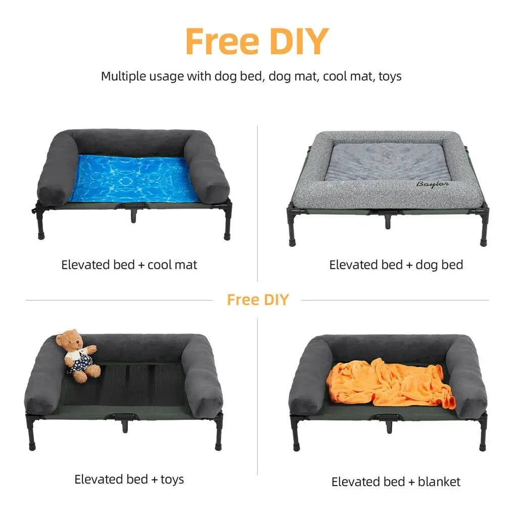 FluffyPaw Elevated Dog & Cat Bed with Plush Bolster – Indoor/Outdoor Cooling