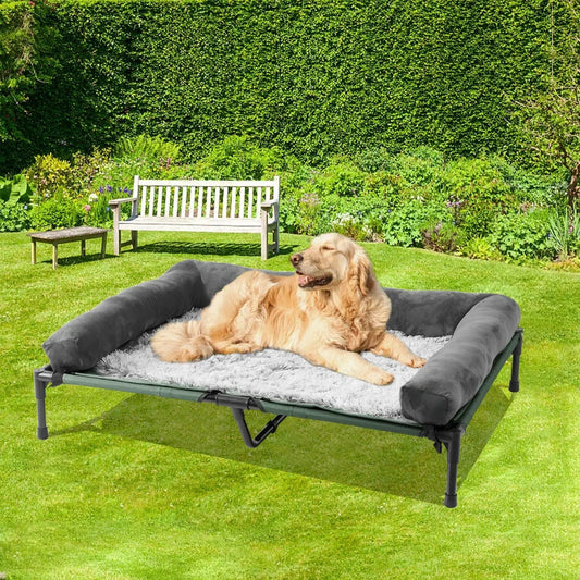 FluffyPaw Extra Large Elevated Dog Bed with Bolster – Cooling & Waterproof Gray / Xl110X80X28Cm