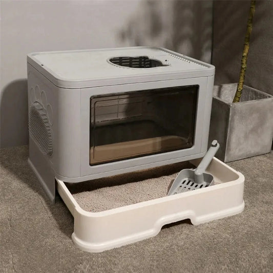 FluffyPaw Foldable Enclosed Cat Litter Box – Front Entry & Top Exit with Scoop