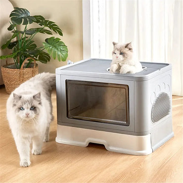 FluffyPaw Foldable Enclosed Cat Litter Box – Front Entry & Top Exit with Scoop