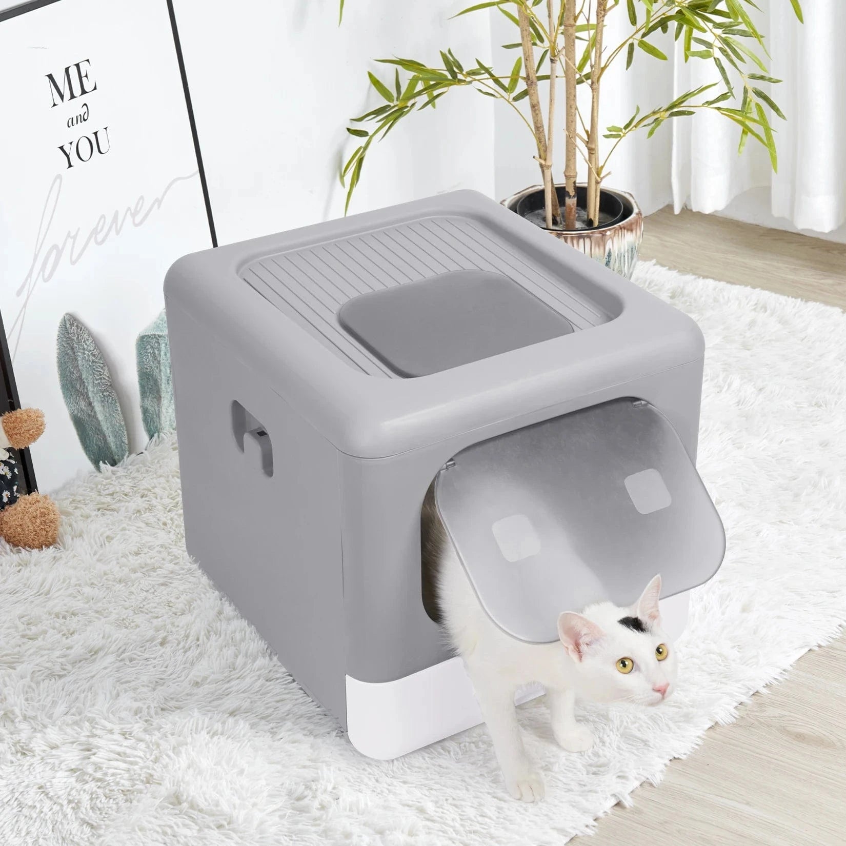 FluffyPaw Foldable Enclosed Cat Litter Box with Scoop – Top & Front Entry