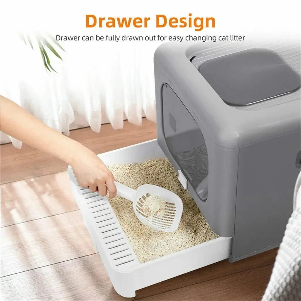FluffyPaw Foldable Enclosed Cat Litter Box with Scoop – Top & Front Entry