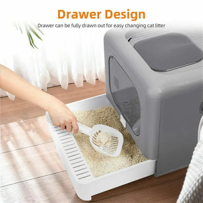 FluffyPaw Foldable Enclosed Cat Litter Box with Scoop – Top & Front Entry