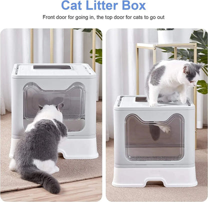 FluffyPaw Front Entry & Top Exit Cat Litter Box – XL Foldable with Scoop & Drawer Gray