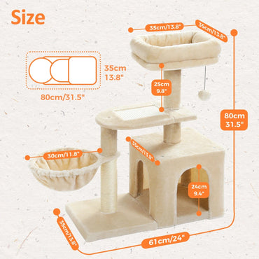 FluffyPaw Indoor Cat Tree with Hammock, Perch & Scratching Posts Cream